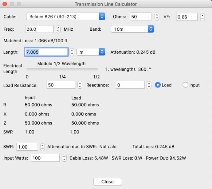 Calculs d'un câble RG-213 demi-longueur d'onde à 14,0 MHz avec une antenne sur 10 m effectués à l'aide de RF Toolbox v5.2.0 de Black Cat Systems Calculs d'un câble RG-213 demi-longueur d'onde à 14,0 MHz avec une antenne sur 10 m effectués à l'aide de RF Toolbox v5.2.0 de Black Cat Systems