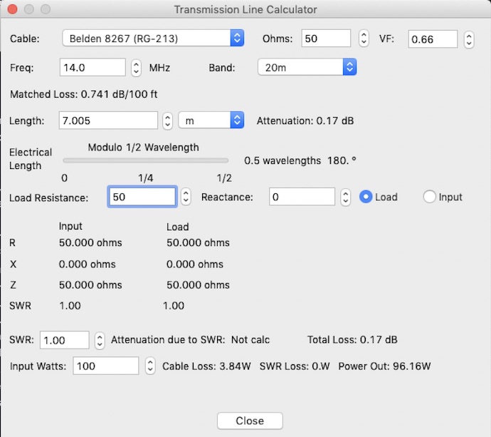 Calculs d'un câble RG-213 demi-longueur d'onde à 14,0 MHz effectués à l'aide de RF Toolbox v5.2.0 de Black Cat Systems Calculs d'un câble RG-213 demi-longueur d'onde à 14,0 MHz effectués à l'aide de RF Toolbox v5.2.0 de Black Cat Systems
