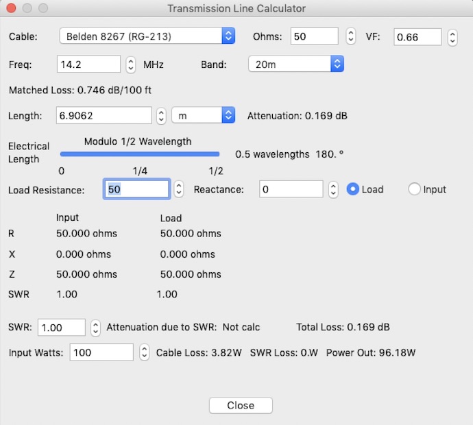 Calculs d'un câble RG-213 demi-longueur d'onde à 14,2 MHz effectués à l'aide de RF Toolbox v5.2.0 de Black Cat Systems Calculs d'un câble RG-213 demi-longueur d'onde à 14,2 MHz effectués à l'aide de RF Toolbox v5.2.0 de Black Cat Systems